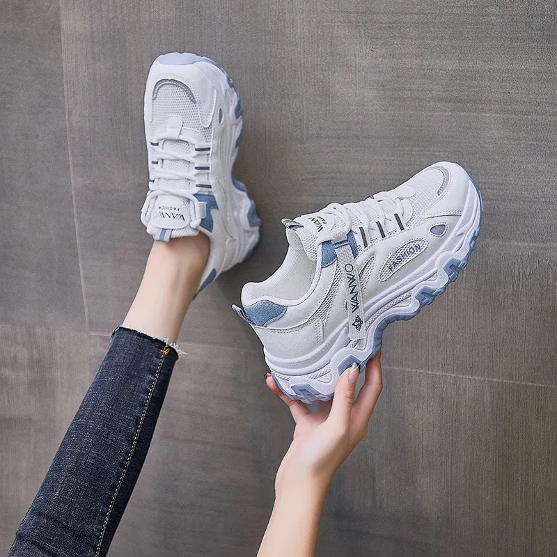 Amozae-2024 BKQU Women's Trainers New Chunky Sneakers Women Breathable Mesh Casual Shoes Sneakers Tennis Female Platform Lace Up Shoes