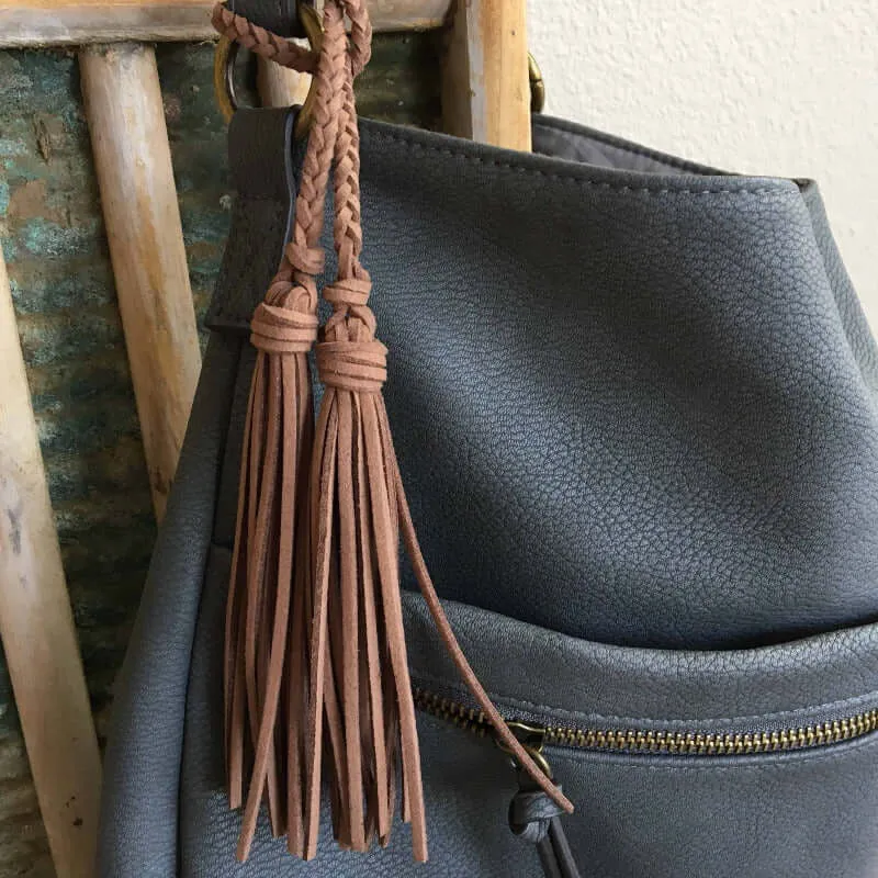Bag Charm with Double Tassel for Purses & Totes Faux Suede Leather