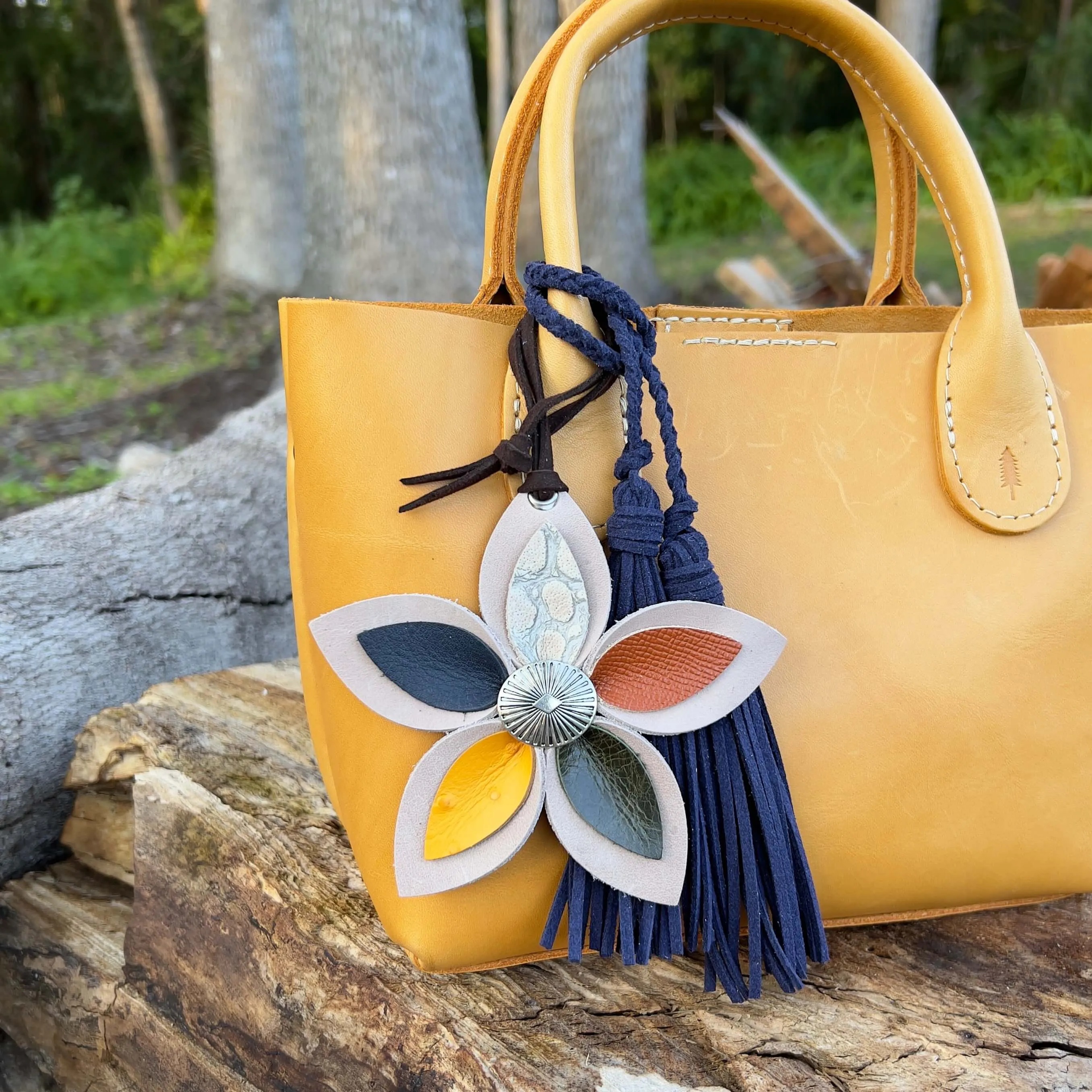 Bag Charm with Double Tassel for Purses & Totes Faux Suede Leather