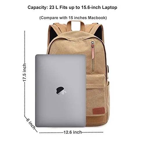 Canvas Laptop Backpack, Waterproof School Backpack With USB Charging Port For Men Women, Vintage Anti-theft Travel Daypack College Student Rucksack Fits up to 15.6 inch Computer(Brown)
