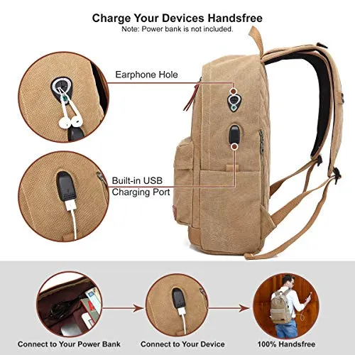 Canvas Laptop Backpack, Waterproof School Backpack With USB Charging Port For Men Women, Vintage Anti-theft Travel Daypack College Student Rucksack Fits up to 15.6 inch Computer(Brown)