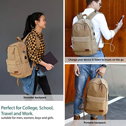 Canvas Laptop Backpack, Waterproof School Backpack With USB Charging Port For Men Women, Vintage Anti-theft Travel Daypack College Student Rucksack Fits up to 15.6 inch Computer(Brown)