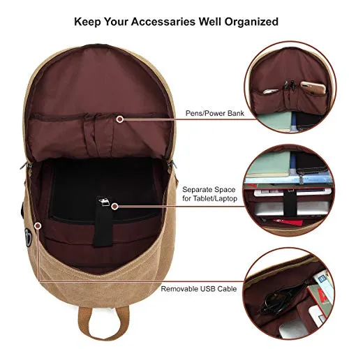 Canvas Laptop Backpack, Waterproof School Backpack With USB Charging Port For Men Women, Vintage Anti-theft Travel Daypack College Student Rucksack Fits up to 15.6 inch Computer(Brown)