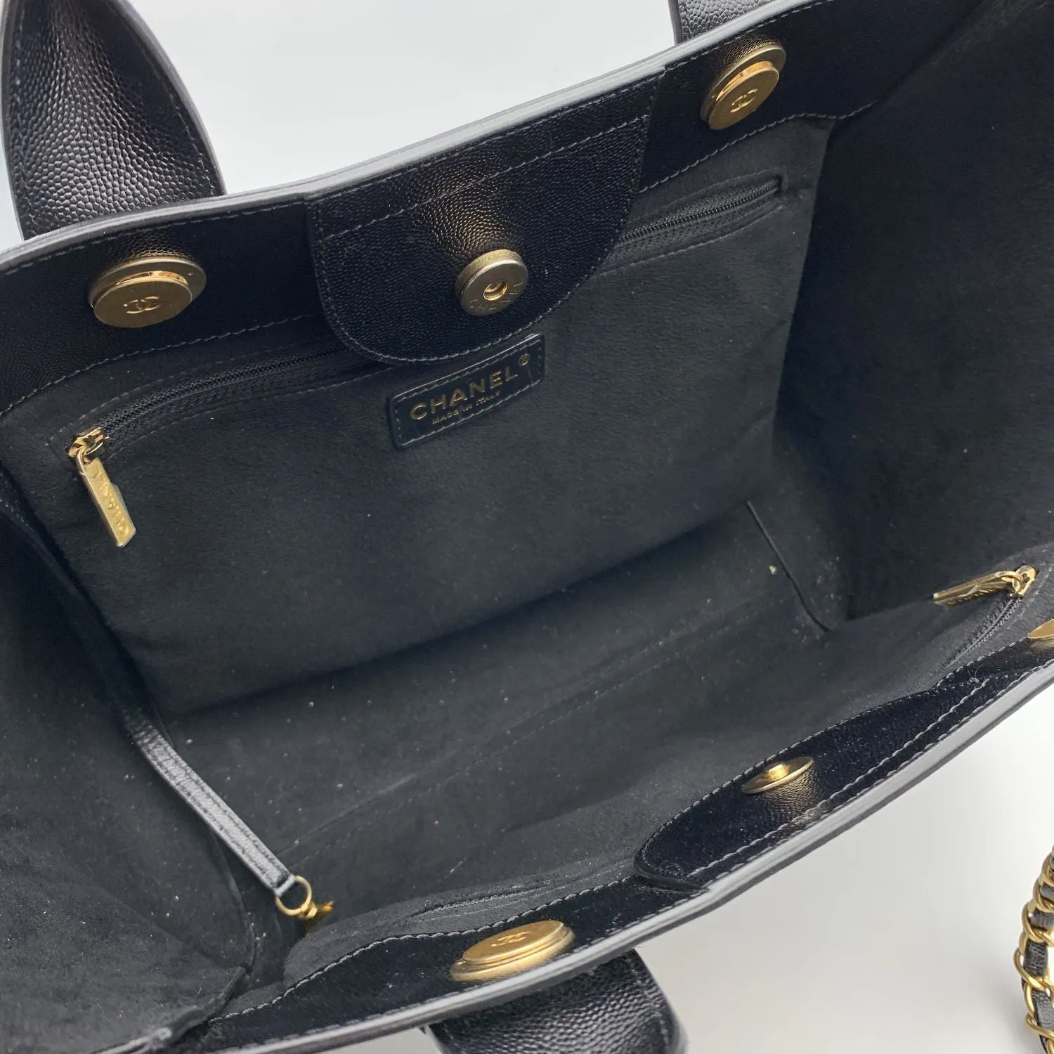 CHANEL Black Caviar Leather Studded Deauville Tote Shoulder Bag