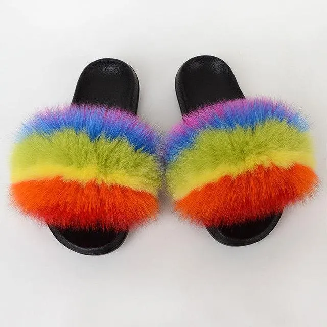 Chicvane Color Block Striped Pure Sheep Wool Open Toe Fluffy Flat Slide Sleepers For Women