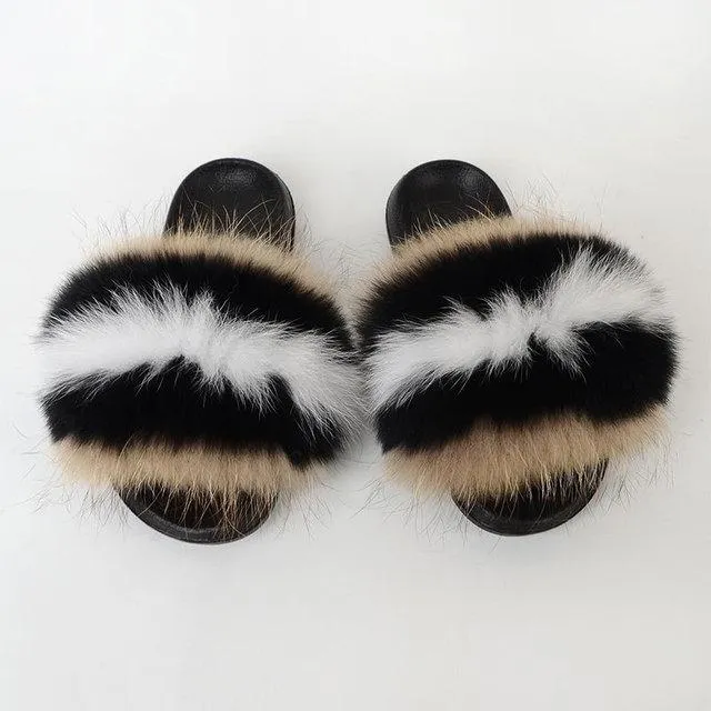 Chicvane Color Block Striped Pure Sheep Wool Open Toe Fluffy Flat Slide Sleepers For Women