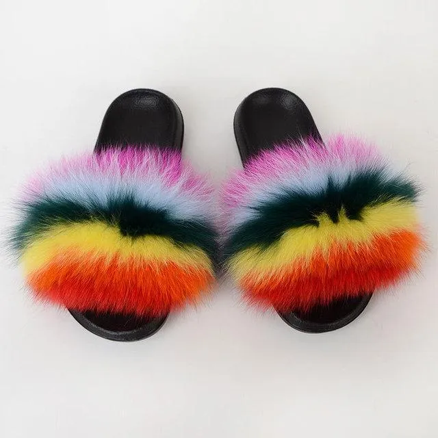 Chicvane Color Block Striped Pure Sheep Wool Open Toe Fluffy Flat Slide Sleepers For Women
