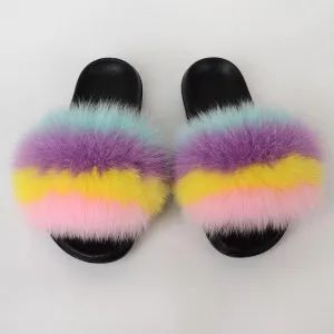 Chicvane Color Block Striped Pure Sheep Wool Open Toe Fluffy Flat Slide Sleepers For Women