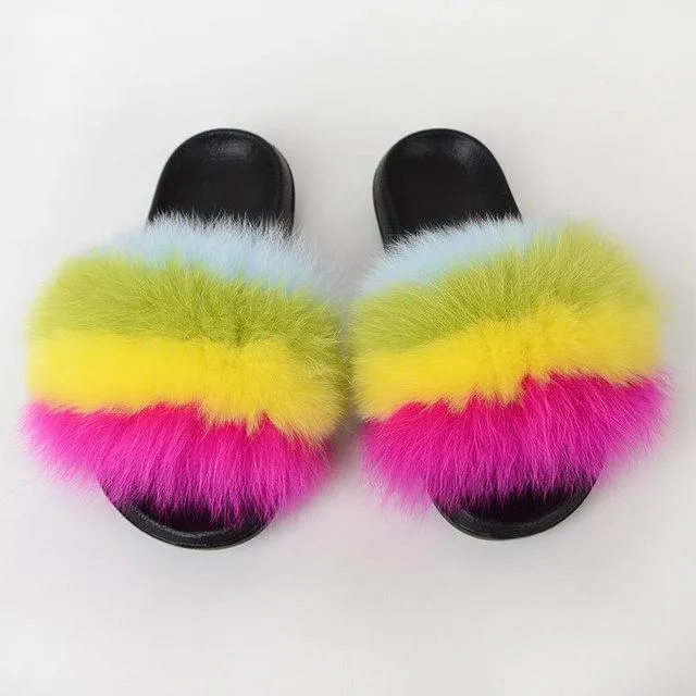 Chicvane Color Block Striped Pure Sheep Wool Open Toe Fluffy Flat Slide Sleepers For Women