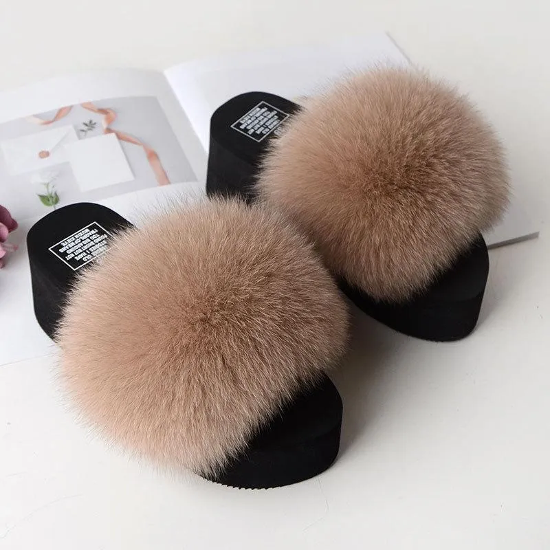 Chicvane Solid Fox Fur Open Toe Fluffy Platform Slide Sleeper For Women
