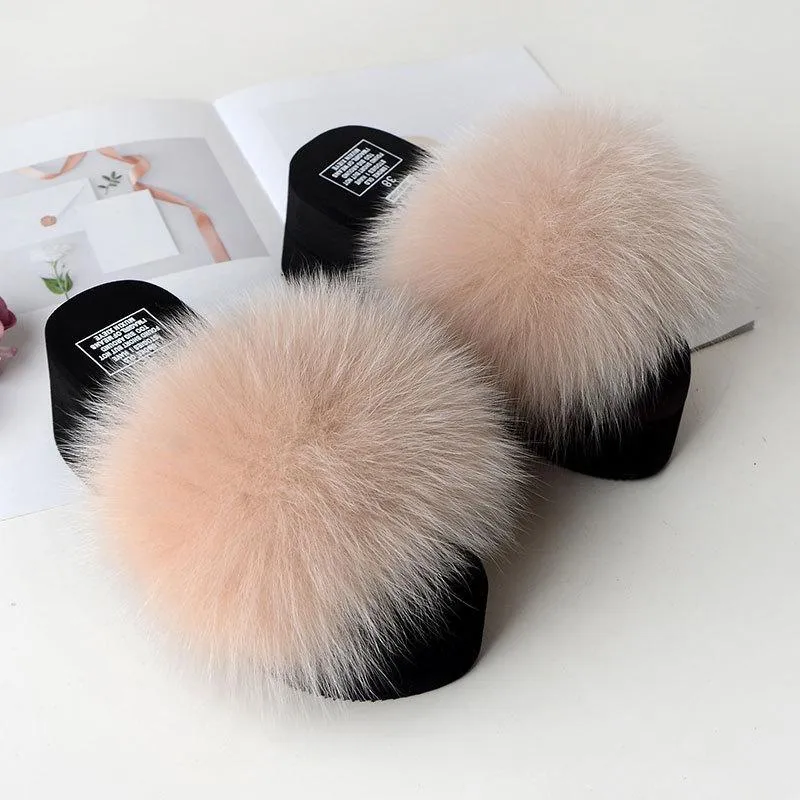 Chicvane Solid Fox Fur Open Toe Fluffy Platform Slide Sleeper For Women