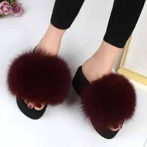 Chicvane Solid Fox Fur Open Toe Fluffy Platform Slide Sleeper For Women