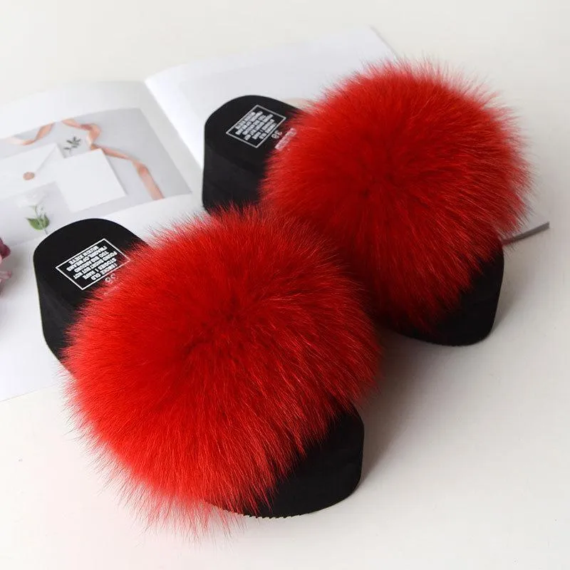 Chicvane Solid Fox Fur Open Toe Fluffy Platform Slide Sleeper For Women
