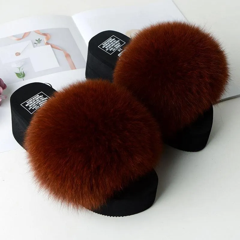 Chicvane Solid Fox Fur Open Toe Fluffy Platform Slide Sleeper For Women