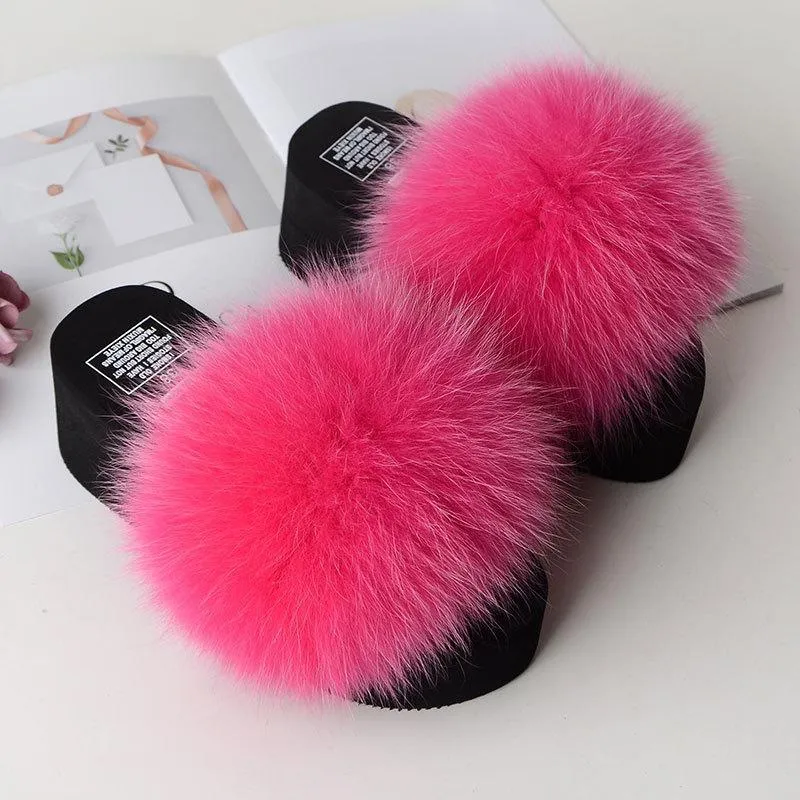 Chicvane Solid Fox Fur Open Toe Fluffy Platform Slide Sleeper For Women