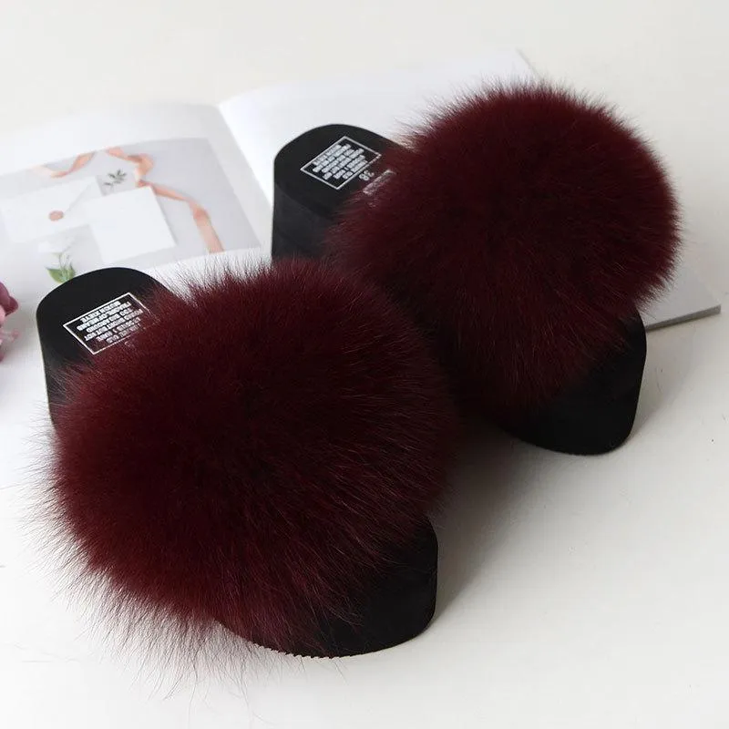 Chicvane Solid Fox Fur Open Toe Fluffy Platform Slide Sleeper For Women