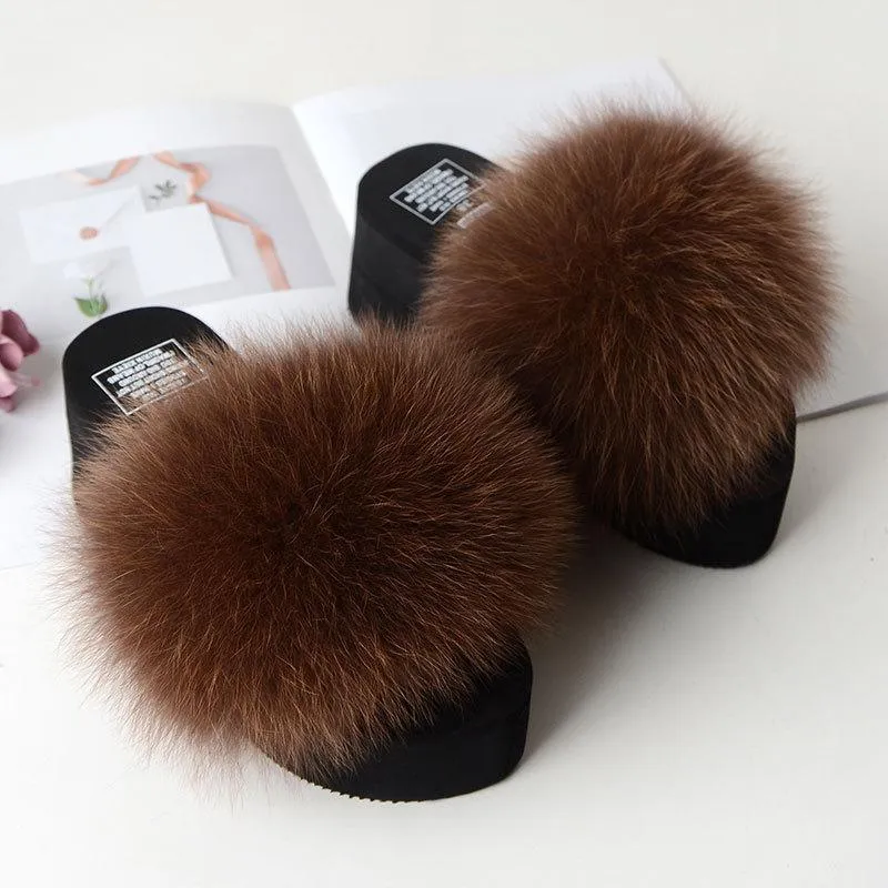 Chicvane Solid Fox Fur Open Toe Fluffy Platform Slide Sleeper For Women