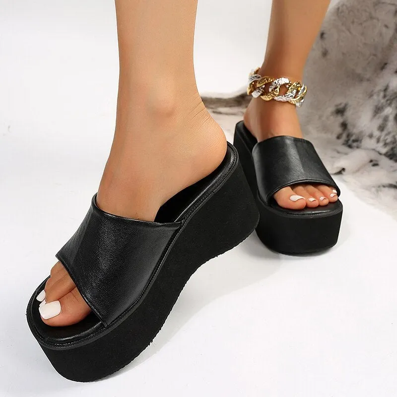 Chunky Platform Sandals Women Fashion Black PU Leather Wedge Slippers for Woman 2023 Summer Thick Bottom Slides Plus Size