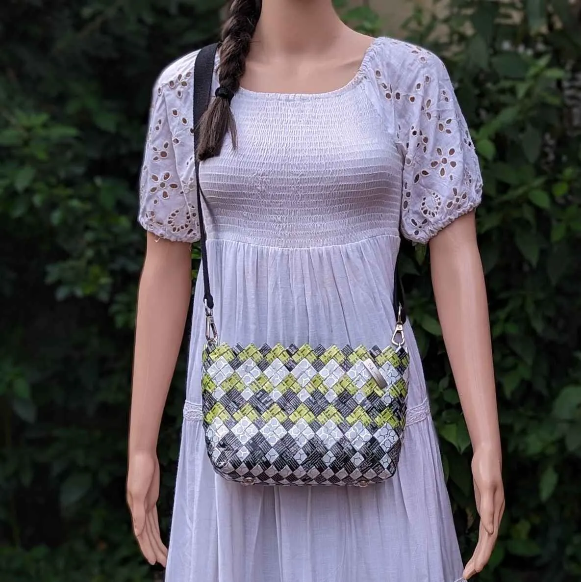 Green Black White Upcycled Origami Handcrafted Basketry Sling (NBB0824-001) PS_W