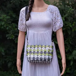 Green Black White Upcycled Origami Handcrafted Basketry Sling (NBB0824-001) PS_W