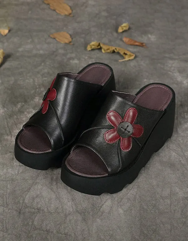 Handmade Retro Summer Black Wedge Slippers