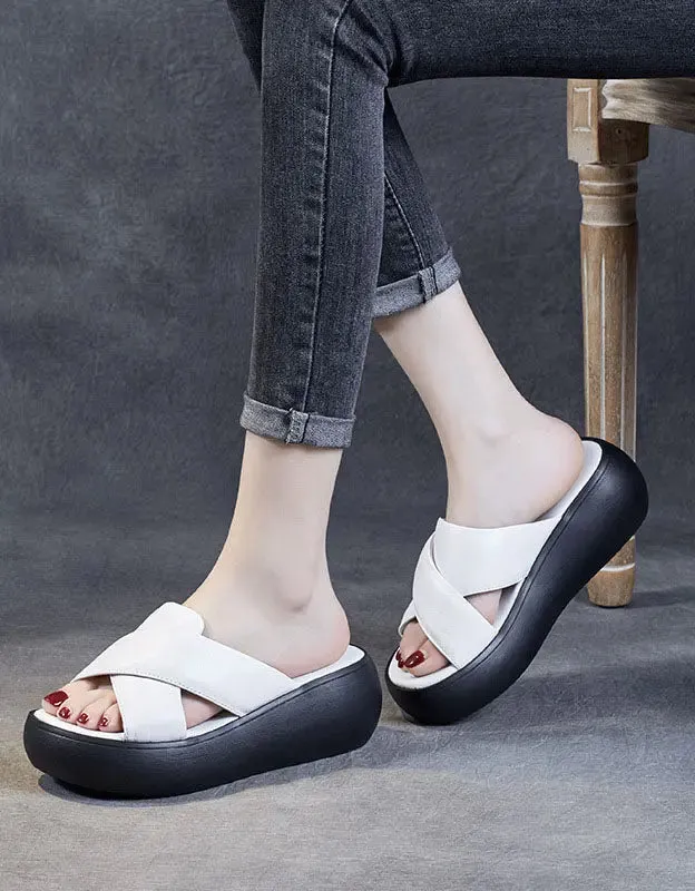 Leather Cross Strap Wedge Slippers