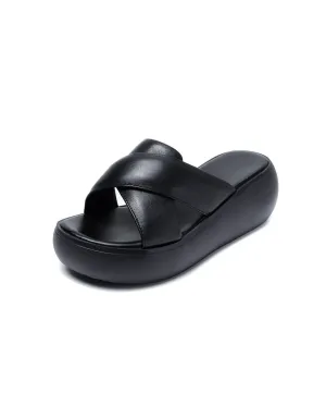 Leather Cross Strap Wedge Slippers