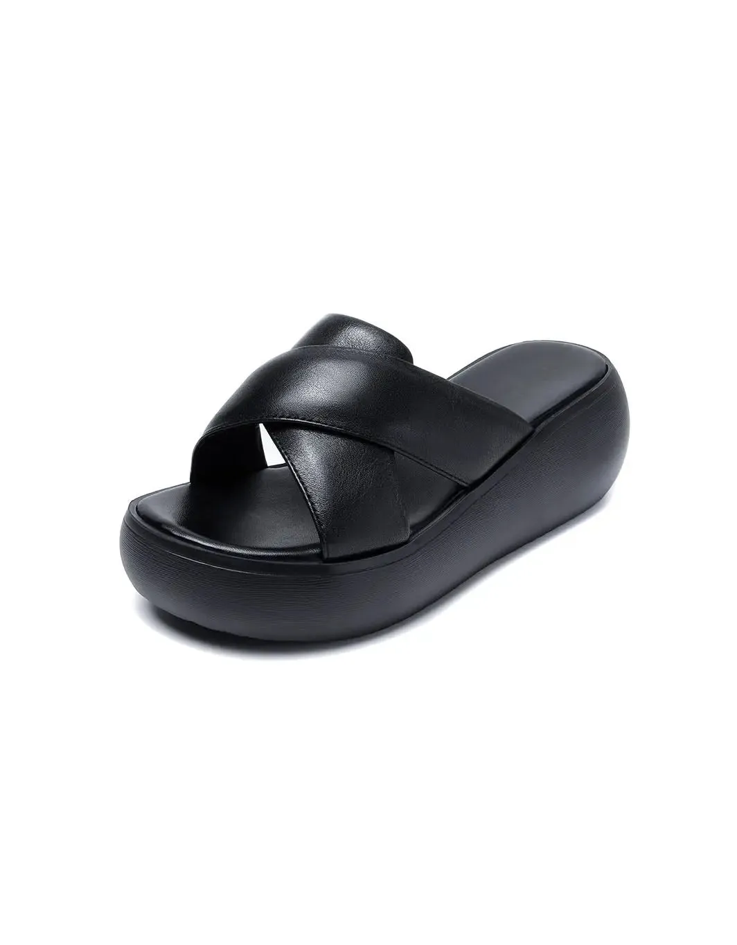 Leather Cross Strap Wedge Slippers