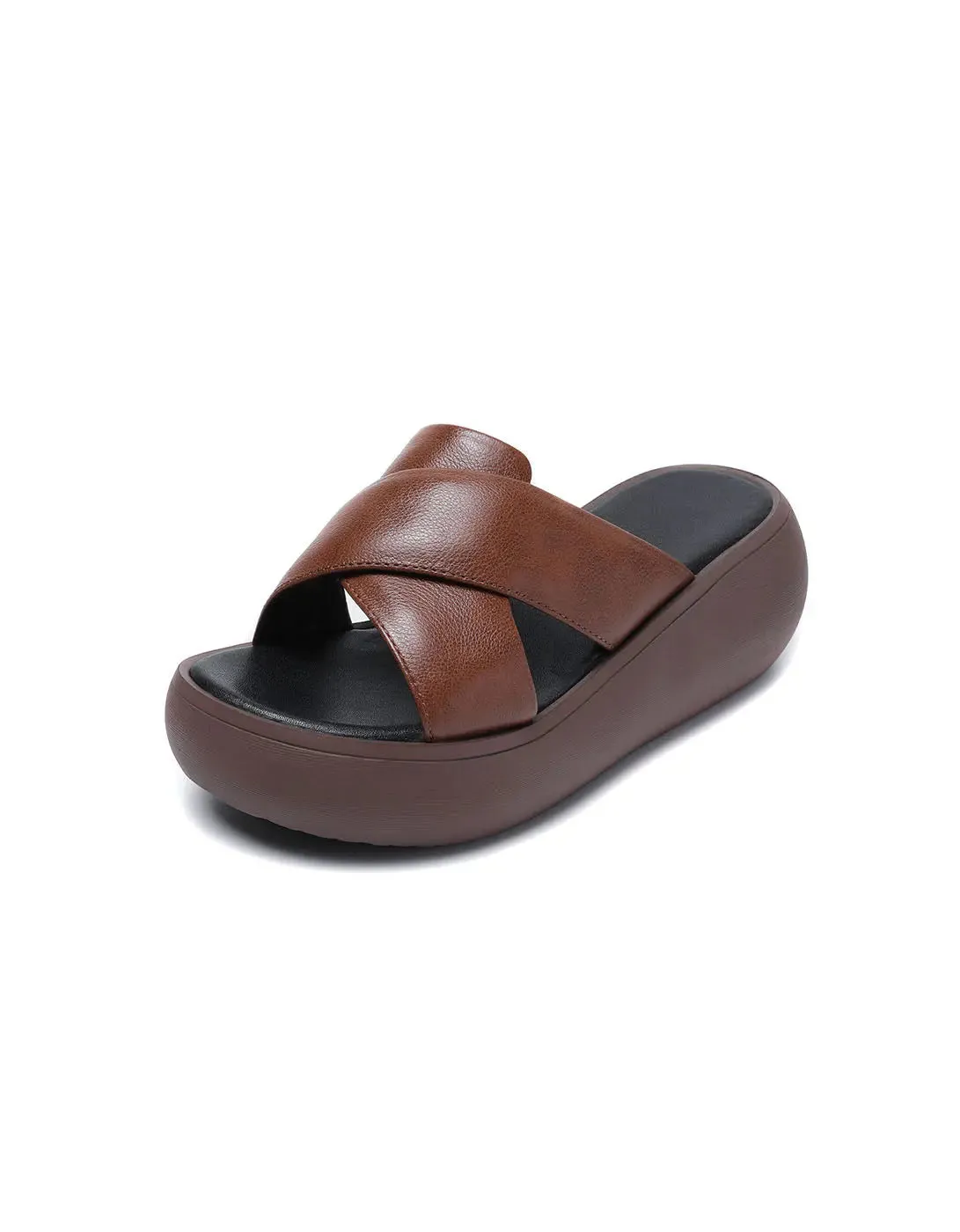 Leather Cross Strap Wedge Slippers
