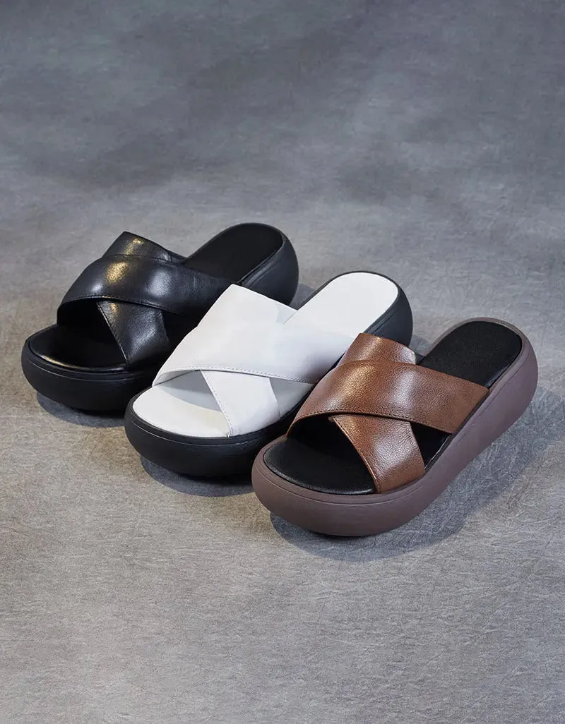 Leather Cross Strap Wedge Slippers