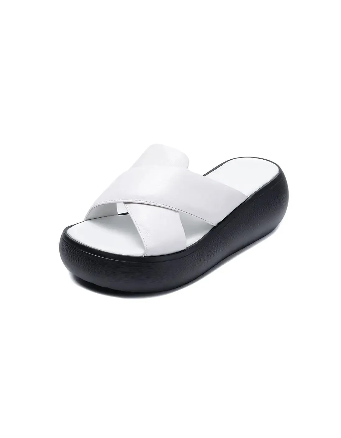 Leather Cross Strap Wedge Slippers