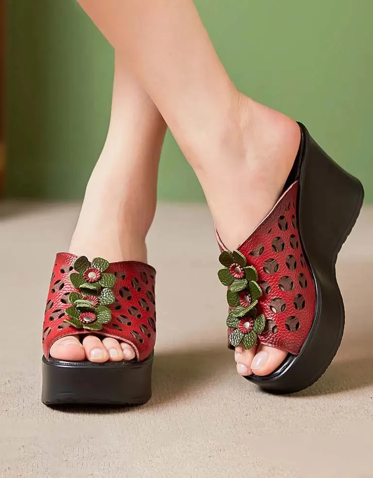 Leather Oriental Style Wedge Slippers