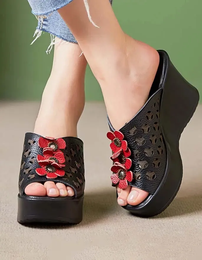 Leather Oriental Style Wedge Slippers