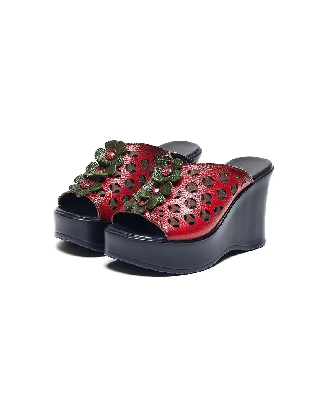 Leather Oriental Style Wedge Slippers