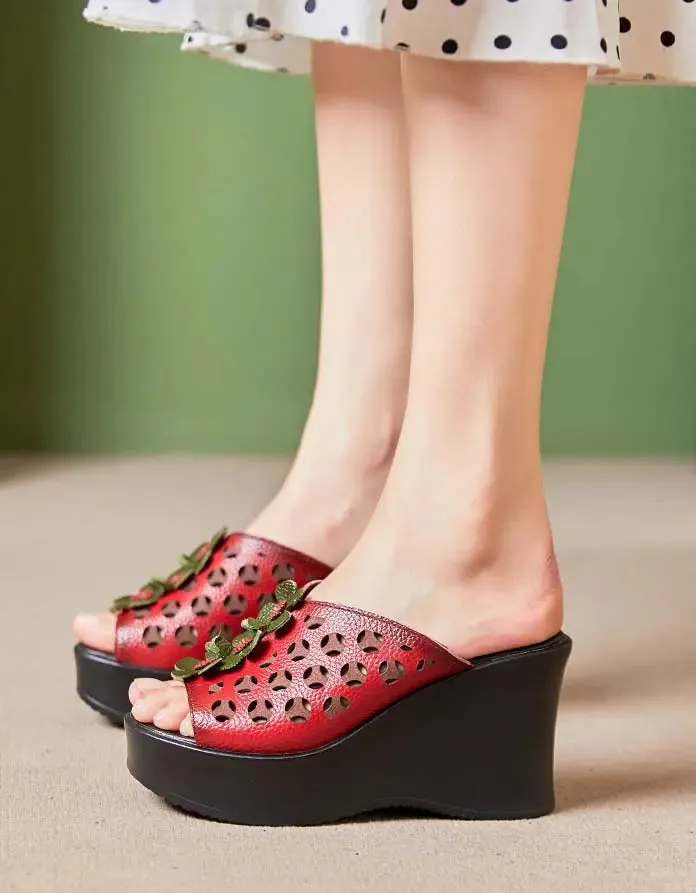 Leather Oriental Style Wedge Slippers