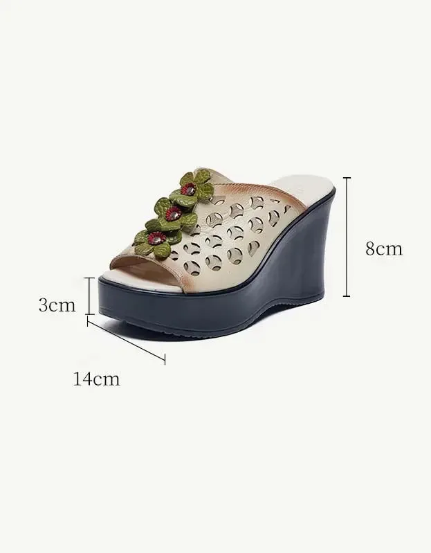 Leather Oriental Style Wedge Slippers