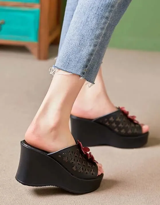 Leather Oriental Style Wedge Slippers
