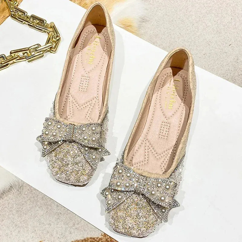 Luxury Bling Bow Rubber Bottom Flat Shoes