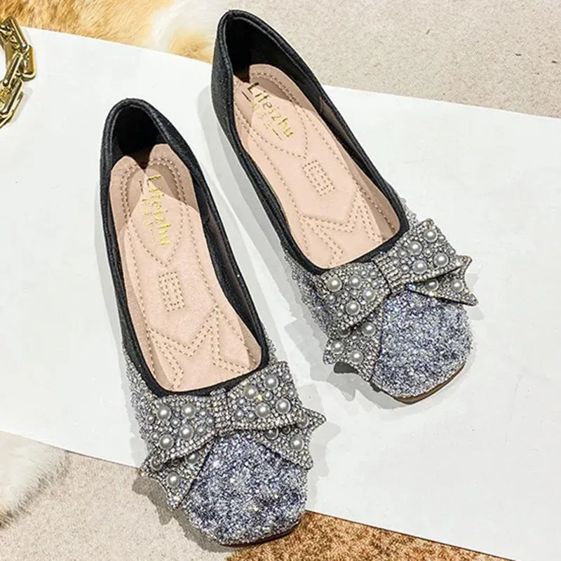 Luxury Bling Bow Rubber Bottom Flat Shoes