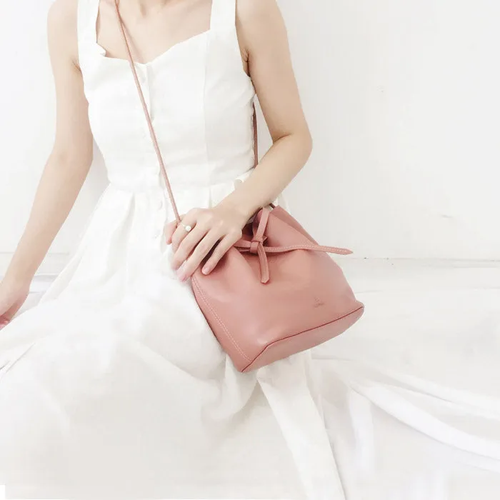 Pink Leather Womens Bucket Bag Crossbody Bags Leather Shoulder Bags