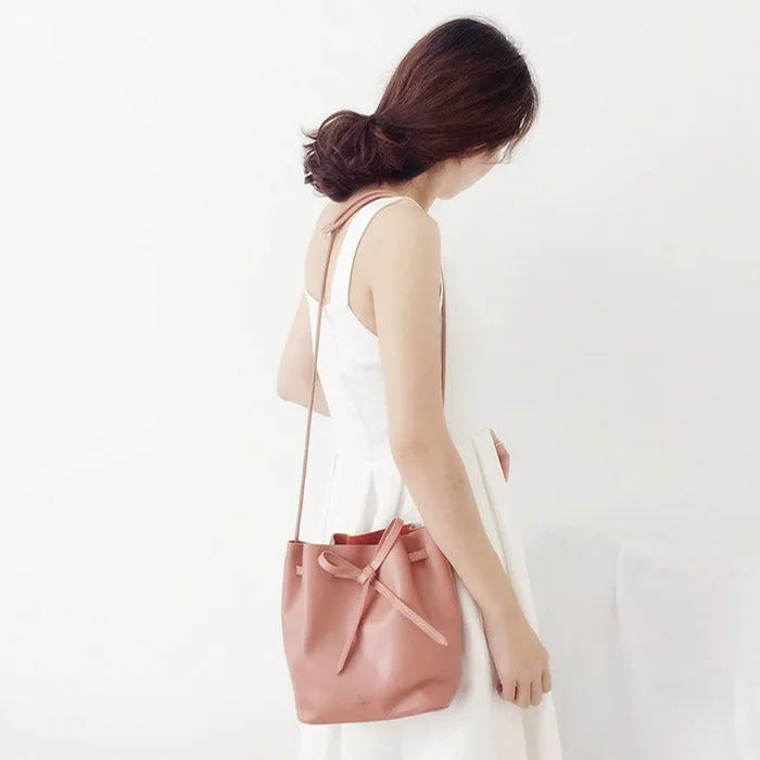 Pink Leather Womens Bucket Bag Crossbody Bags Leather Shoulder Bags