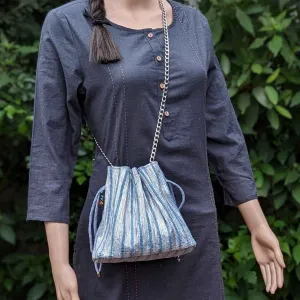 Shimmery Silver and Blue Striped Upcycled Handwoven Potli Sling (PS0824-003) PS_W