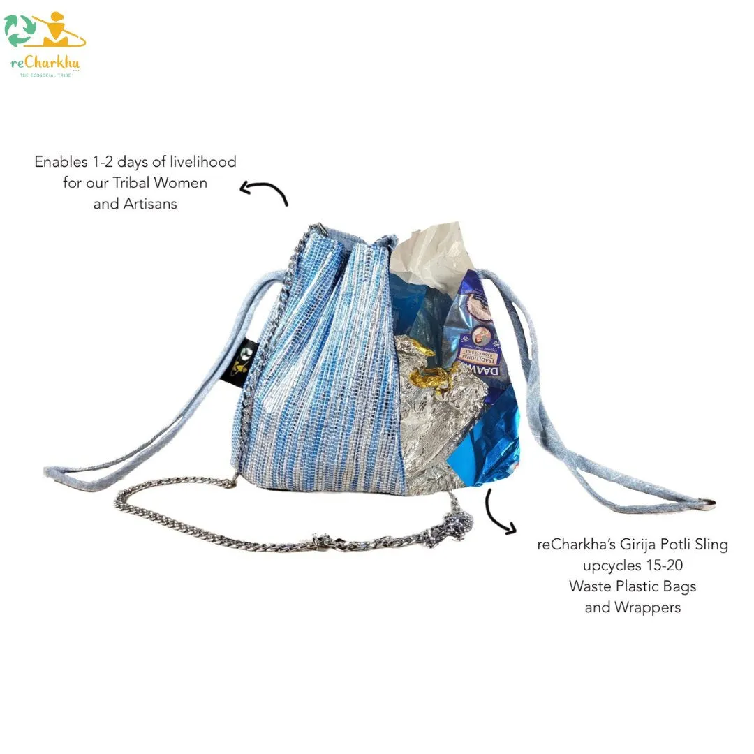 Shimmery Silver and Blue Striped Upcycled Handwoven Potli Sling (PS0824-003) PS_W