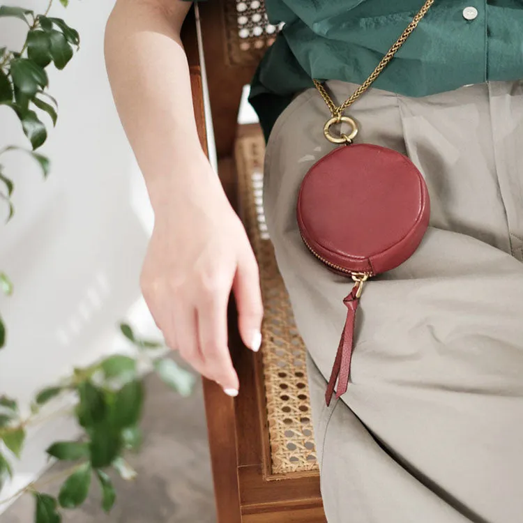 Small Womens Chain Leather Circle Wallet Zip Coin Purse Crossbody Bag for Women