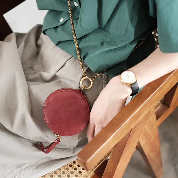 Small Womens Chain Leather Circle Wallet Zip Coin Purse Crossbody Bag for Women
