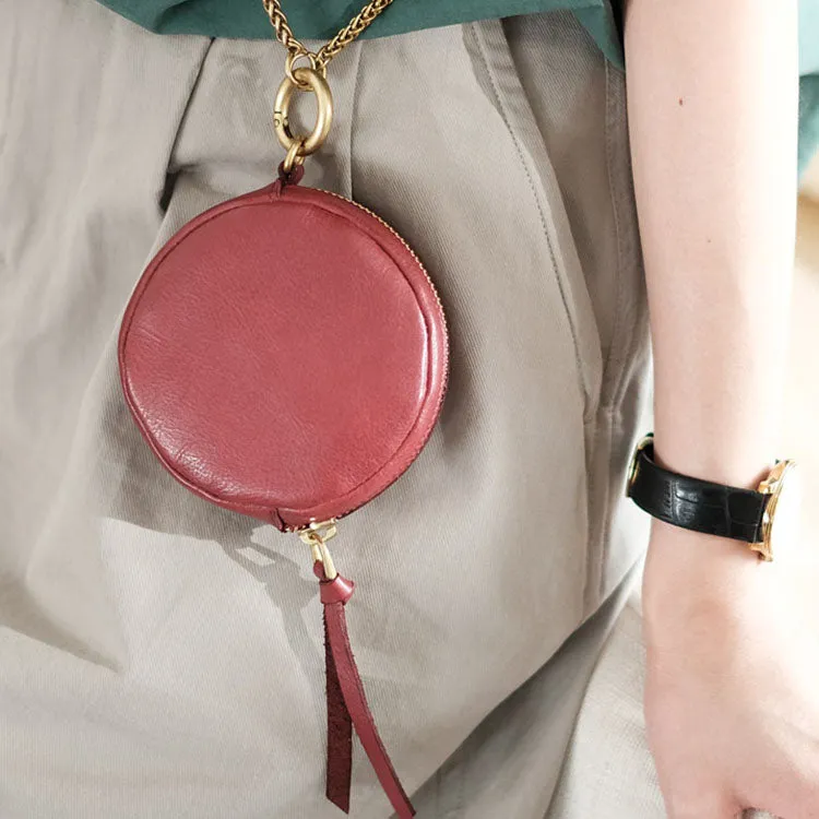 Small Womens Chain Leather Circle Wallet Zip Coin Purse Crossbody Bag for Women