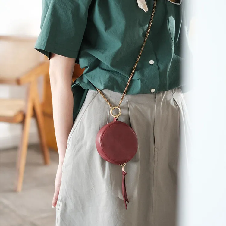 Small Womens Chain Leather Circle Wallet Zip Coin Purse Crossbody Bag for Women