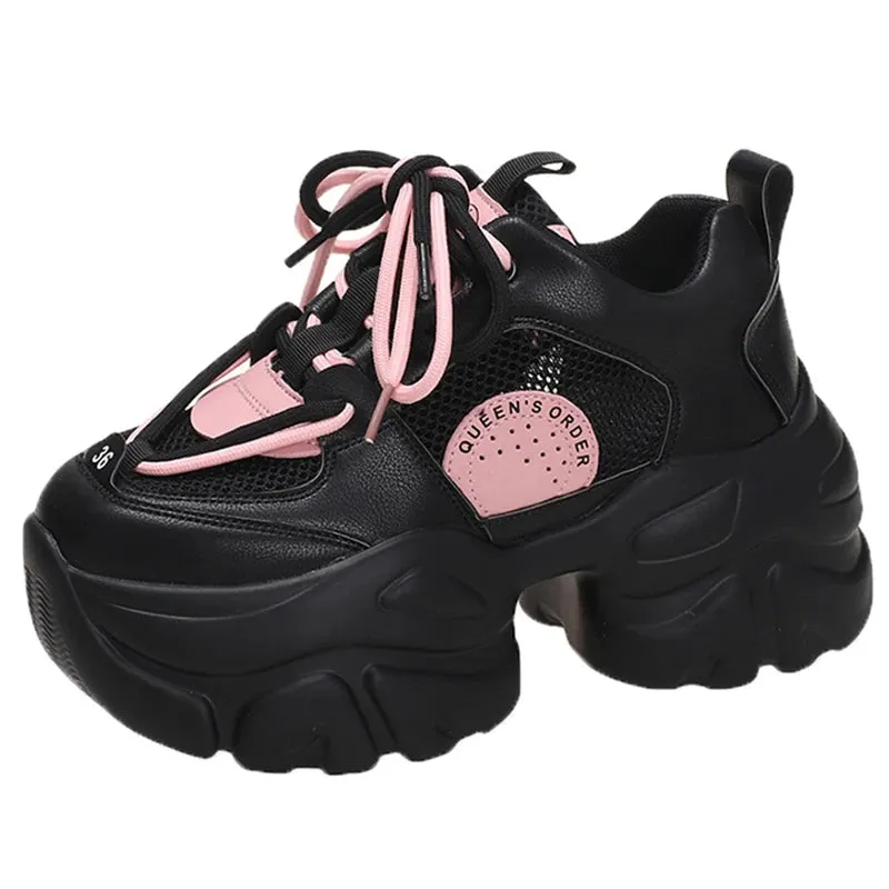 Sohiwoo Women's Chunky Sneakers  Autumn Breathable Mesh Platform Casual Shoes Ladies Mix Color Lace-Up Vulcanize Shoes Woman