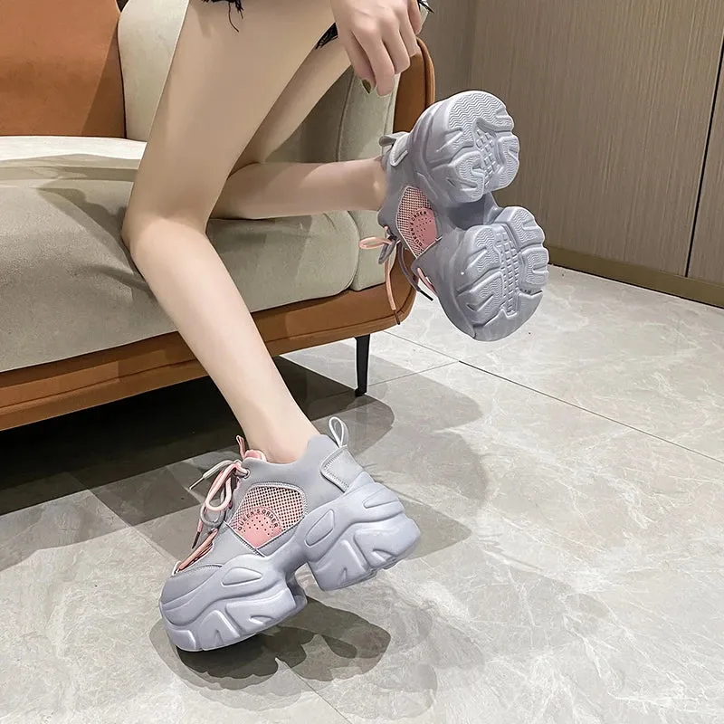 Sohiwoo Women's Chunky Sneakers  Autumn Breathable Mesh Platform Casual Shoes Ladies Mix Color Lace-Up Vulcanize Shoes Woman