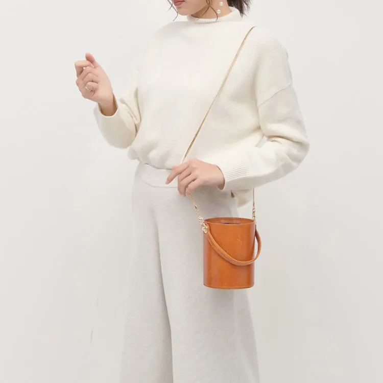 Stylish Womens Brown Leather Crossbody Bucket Bag Handbags Purse for Women